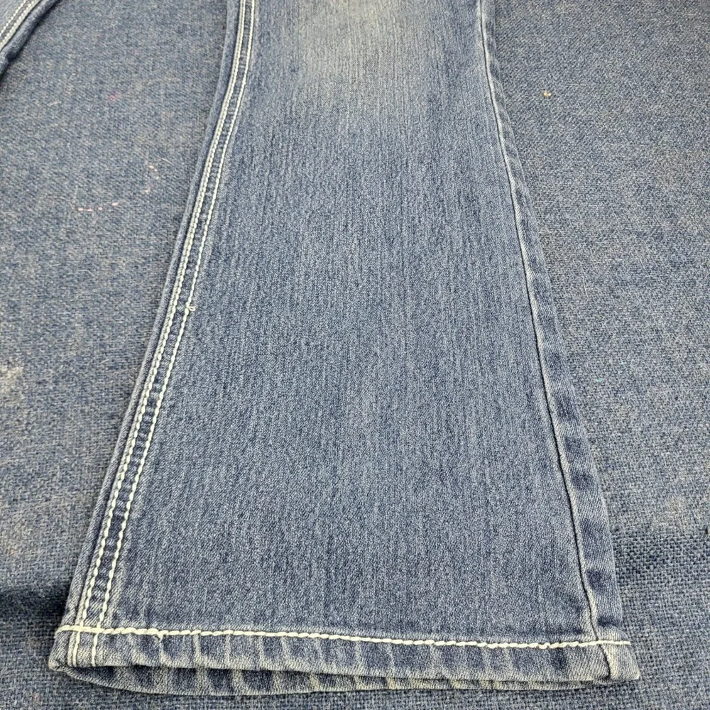 Mudd Womens Sz 15 Blue Rhinestone Cross Embroidered Flare Jeans Y2K Flap pockets